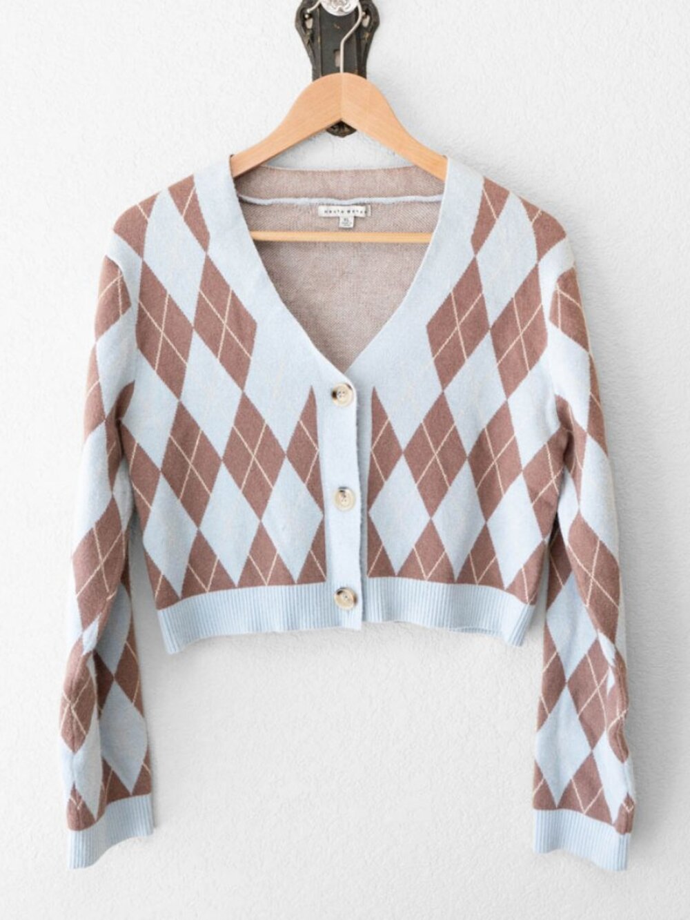 Haute Monde Argyle Cropped Cardigan XL Blue Tan Knit Button Front Preppy Sweater